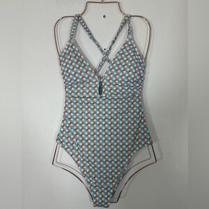 Shade & Shore Geometric Blue, Orange, White Tie Back One-Pie Swimsuit SKU0859